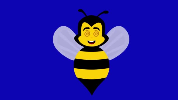 视频动画蜜蜂卡通催眠 螺旋形的眼睛旋转 蓝色的色键背景 — 图库视频影像