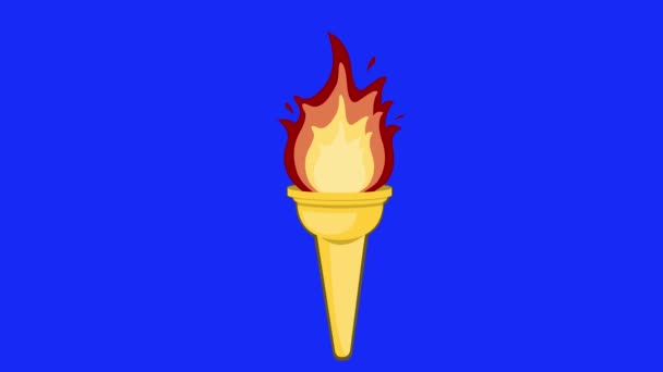 视频动画展示了奥运圣火燃烧的金色火炬图标 蓝色的色键背景 — 图库视频影像