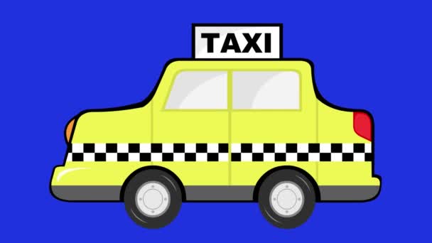 Video Animation Cartoon Taxi Moving Wheels Blue Chroma Key Background — Stock Video
