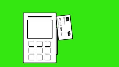 Video çizim illüstrasyon kredisi ya da banka kartı ödemeleri pos terminal makinesinde, siyah beyaz çizilmiş. Yeşil krom anahtar arka planında