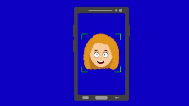 Video animasyon akıllı telefon cihazı kadın kafasını tarıyor, yüz tanıma konsepti. Mavi krom anahtar arka planında