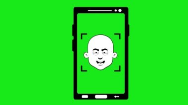 Kel adamın kafasını tarayan animasyon ikonu akıllı telefon cihazı, yüz tanıma konsepti. Siyah-beyaz çizilmiş. Yeşil krom anahtar arka planında