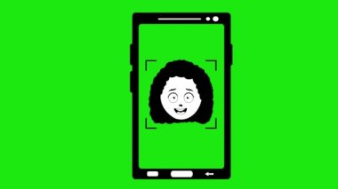 Video çizim ikonu akıllı telefon cihazı kadın kafasını tarıyor, yüz tanıma konsepti. Siyah-beyaz çizilmiş. Yeşil arkaplanda