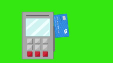 video animasyon illüstrasyon kredi veya banka kartı pos terminal makinesinde ödeme, yeşil tuş renk arkaplan