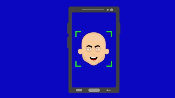 ビデオアニメーションスマートフォンデバイスは ハゲの頭部をスキャン 顔認識コンセプト 青色のクロマの背景に — ストック動画