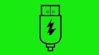 Görüntü animasyonu siyah USB girdisi, akü veya aygıtı şarj etme kavramında hareket eden bir elektrik gök gürültüsü. Yeşil krom anahtar arka planında