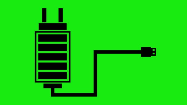 ビデオアニメーションブラックアイコンUsb充電器 コンセプト充電バッテリー 緑色のクロマの背景に — ストック動画