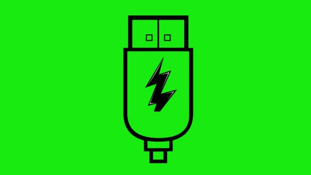 视频动画黑色图标Usb输入带有电闪雷鸣 在充电电池或装置的概念 在绿色的彩色键背景上 — 图库视频影像