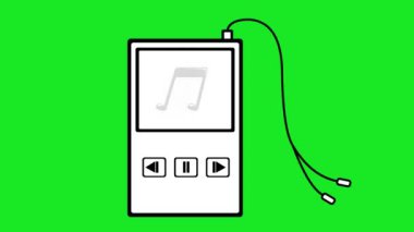 Siyah-beyaz animasyon ikonu çizen siyah-beyaz müzik çalar, üzerinde nota işareti olan, siyah-beyaz çizim. Yeşil krom anahtar arka planında
