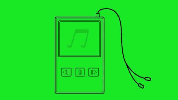视频画图动画黑色图标勾勒出了音乐播放器的轮廓 带有音乐符号 在绿色的彩色键背景上 — 图库视频影像
