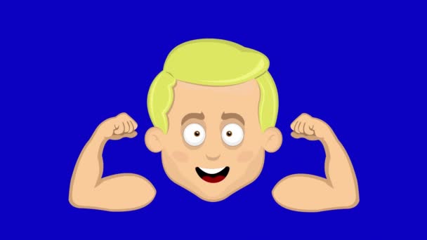 Video Animace Blond Kreslený Muž Tvář Modrýma Očima Ukazující Biceps — Stock video