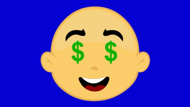 动画片中人物黄脸的动画片具有眼睛美元符号的形状 蓝色的色键背景 — 图库视频影像