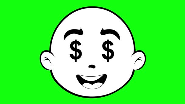 黒と白の色で描かれた目ドルの印の形のキャラクター漫画のアニメーション絵文字の顔を描画するビデオ 緑色のクロマの背景に — ストック動画