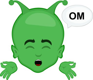 Vektör illüstrasyonu uzaylılarla ya da dünya dışı çizgi filmlerle yüzleşir ve OM metniyle bir konuşma balonuyla meditasyon yapar.