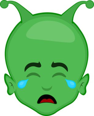 vector illustration face alien extraterrestrial cartoon, with a sad expression, crying and tears falling from the eyes clipart