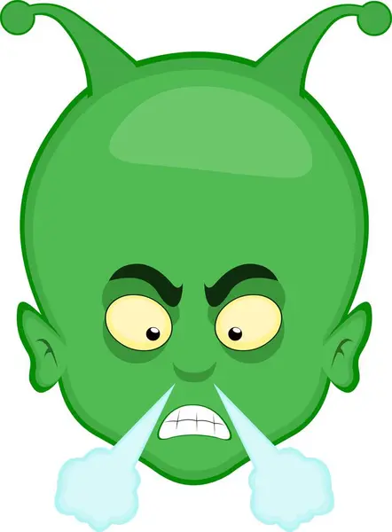 Stock vector vector illustration face alien extraterrestrial cartoon, with an angry expression and fuming from his nose