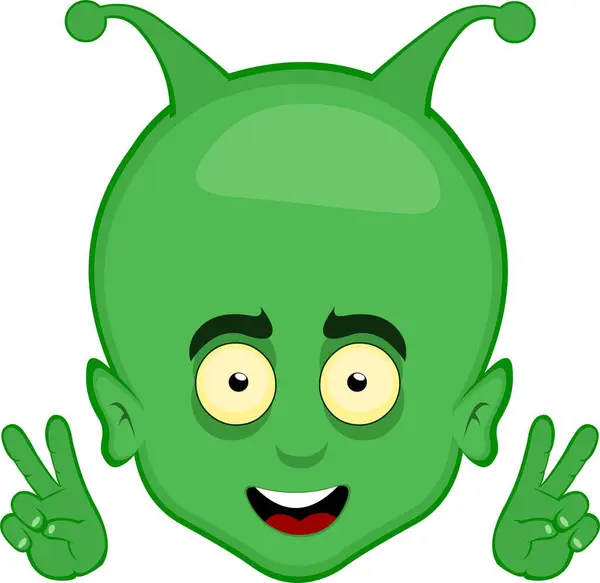 stock vector vector illustration face alien extreterrestre cartoon cheerful, making the classic gesture of love and peace with your hands