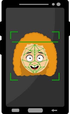 Vektör illüstrasyon akıllı telefon cihazı kadın kafasını tarıyor, yüz tanıma konsepti