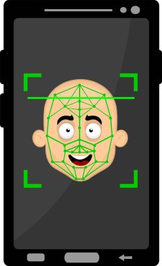 Vektör illüstrasyon akıllı telefon cihazı kel adamın kafasını tarıyor, yüz tanıma konsepti