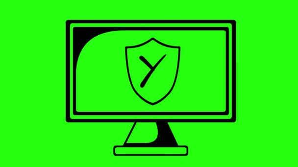 ビデオアニメーションブラックアイコンモニターコンピュータと保護されていない 非アクティブで無効なオプションのセキュリティクロスとシールド 緑色のクロムキーの背景に — ストック動画