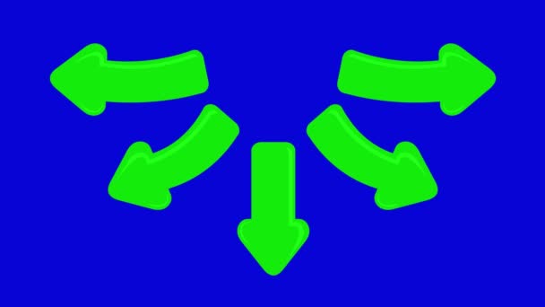 Video Animation Green Color Arrows Pointing Multiple Directions Blue Chroma — Stock Video