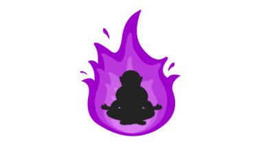 Siyah siluet video animasyonu. Kutsal menekşe ateşiyle çevrili meditasyon yapan kişi hareket ediyor. Beyaz bir arkaplanda