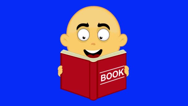 视频动画面对情绪化的黄色角色阅读一本带着快乐表情的书 蓝色的色键背景 — 图库视频影像