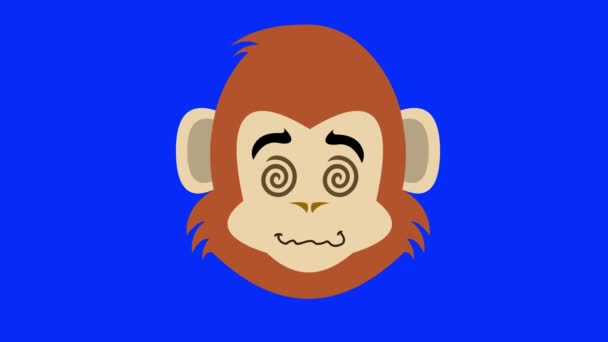 视频动画面对灵长类猴子动物漫画与螺旋形催眠眼睛 蓝色的关键背景 — 图库视频影像