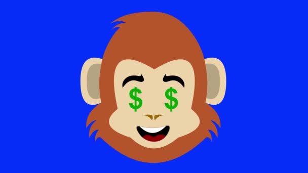 视频动画面对猴子 灵长类动物或黑猩猩漫画与美元标志的眼睛 蓝色的色键背景 — 图库视频影像