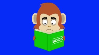 video animasyon yüz maymun, primat ya da şempanze çizgi film bir kitap nesnesi okuyor, mavi renkli anahtar arka planda