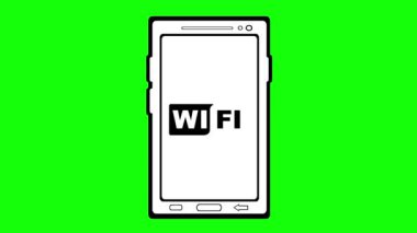video animasyon simgesi cep telefonu ve metin kablosuz internet sembolü, siyah beyaz çizilmiş. Yeşil krom anahtar arka planında