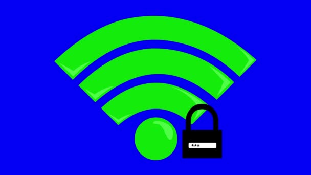 视频动画图标显示绿色无线信号密码和安全代码解锁黑白色挂锁 上网概念 蓝色的色键背景 — 图库视频影像