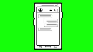 Video animasyon cep telefonu sohbet mesajları sosyal medya ağı, siyah beyaz çizilmiş. Yeşil krom anahtar arka planında