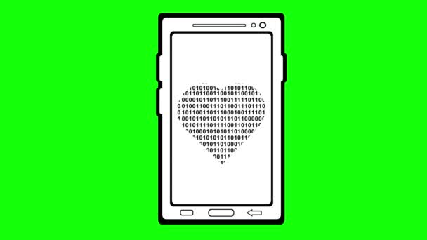 视频绘制动画手机与心脏设计二进制代码 作为一个虚拟或网络浪漫关系的概念 画黑色和白色 在绿色的彩色键背景上 — 图库视频影像