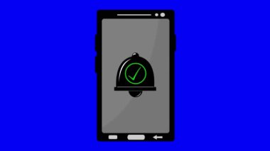 Alarm konsepti altında yeşil işaretli video animasyon cep telefonu ve çan simgesi. Mavi krom anahtar arka planında