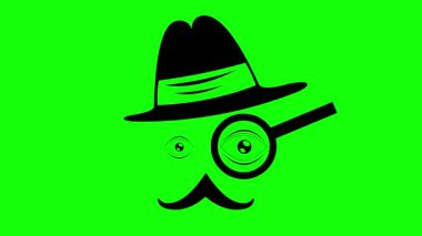 Video animasyon siyah ikon araştırmacısı ya da özel dedektif, şapkası, bıyığı, büyüteci ve yanıp sönen gözleri olan. Yeşil krom anahtar arka planında