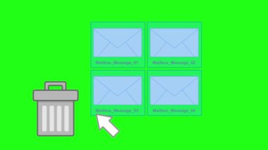 Video animasyon bilgisayar posta kutusu iletisi yeşil renkli anahtar arkaplan üzerindeki bir çöp kutusundan silindi