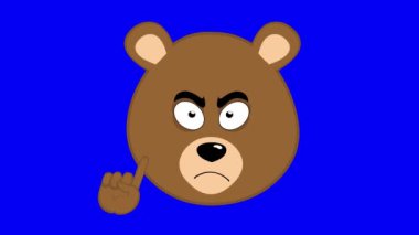 video animation face brown grizzly bear cartoon saying no with finger index body part. On a blue chroma key background