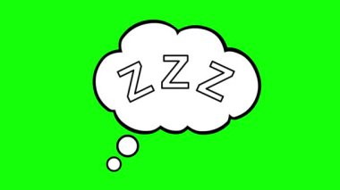 video drawing animation icon cloud thought zzz text word, sleeping and snoring concept, drawn in black and white color. On a green chroma key background
