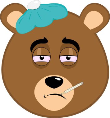 vector illustration face brown grizzly bear cartoon, with a thermometer in his mouth and a bag of water on his head clipart