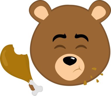 vector illustration face brown bear grizzly cartoon, eating a chicken leg food
