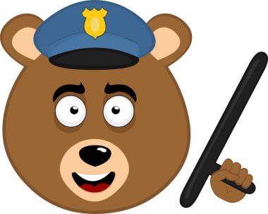 Vektör illüstrasyonu, polis şapkası ve copuyla boz ayı çizgi filmiyle karşılaşıyor.