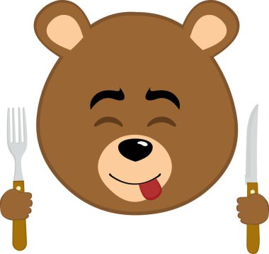 Vektör illüstrasyon yüzü kahverengi ayı boz ayı çizgi filmi. Elindeki çatal ve bıçakla ne kadar lezzetli bir ifade.