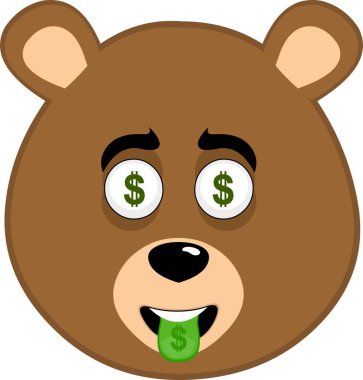 Vektör illüstrasyon yüzü kahverengi ayı boz ayı çizgi filmi, gözleri ve dili dolar işareti ile