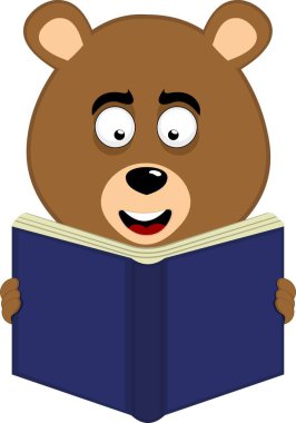 Vektör illüstrasyon yüzü boz ayı çizgi filmi, tutuyor, okuyor ve kitap okuyor