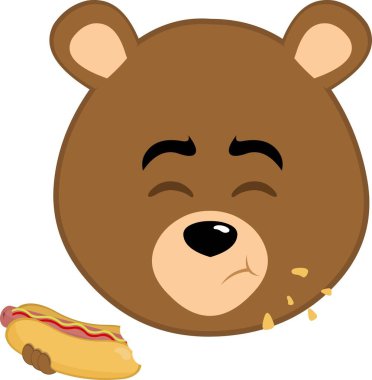 Vektör illüstrasyonu, kahverengi ayı boz ayının bir sosisli sandviçten fast food yediğini gösteriyor.