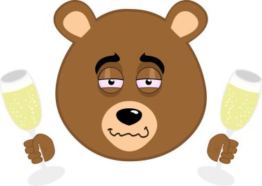 Vektör çizimi, elinde şampanya ya da elma şarabı bardaklarıyla sarhoş bir boz ayı çizgi filmi.