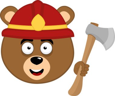 Vektör illüstrasyonu, elinde bir itfaiyeci kaskı ve baltası olan boz ayı karakteri ile karşı karşıya.