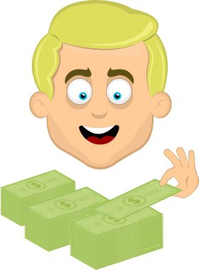 Vektör çizimi adam çizgi film karakteri sarışın ve mavi gözlü, yığınla dolar kağıt sayıyor.