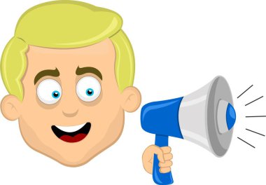 Vektör illüstrasyon yüz adam çizgi film sarışın ve mavi gözlü, elinde bir megafonla konuşuyor.